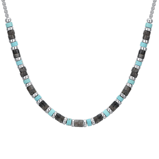 COLLIER HOMME EN ACIER PIERRES GRISES ET TURQUOISES