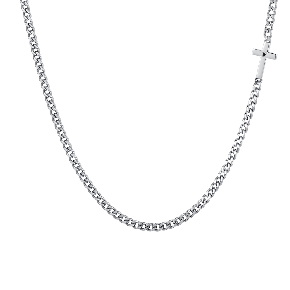 COLLIER HOMME CROIX EN ACIER ET ZIRCON NOIR