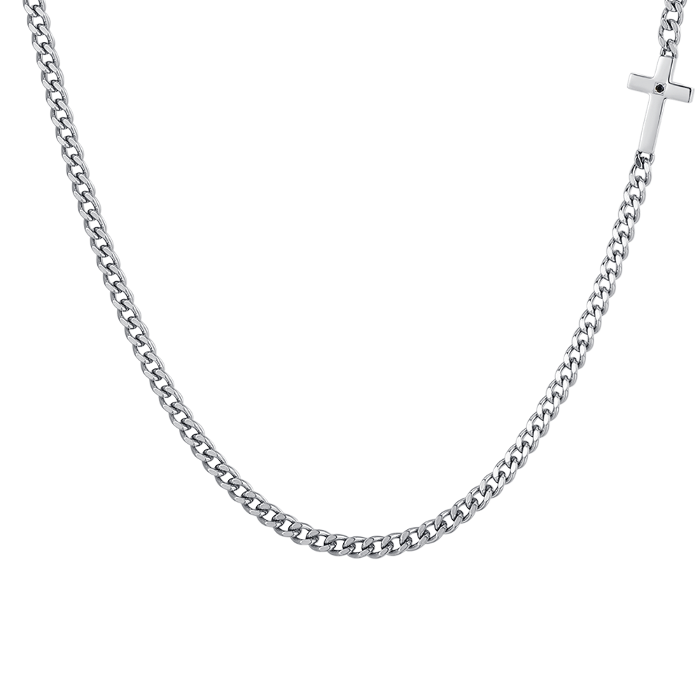 COLLIER HOMME CROIX EN ACIER ET ZIRCON NOIR