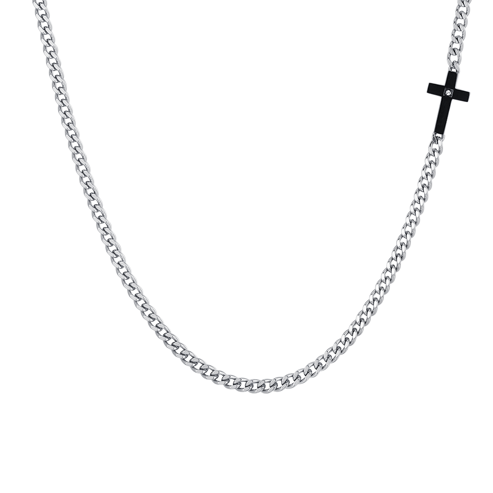 COLLANA UOMO IN ACCIAIO CROCE IP BLACK E ZIRCONE BIANCO Luca Barra