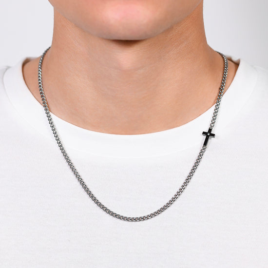 COLLANA UOMO IN ACCIAIO CROCE IP BLACK E ZIRCONE BIANCO Luca Barra