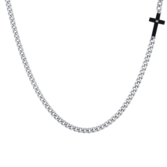 COLLANA UOMO IN ACCIAIO CROCE IP BLACK E ZIRCONE BIANCO