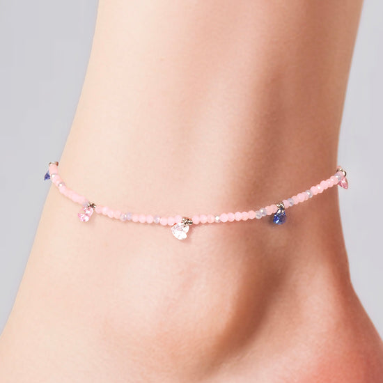 BRACELET DE CHEVILLE EN ACIER POUR FEMMES PIERRES ROSES ET CRISTAUX MULTICOLORES