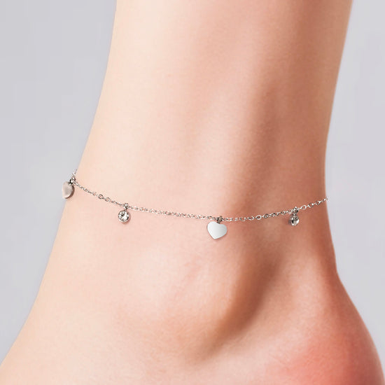 BRACELET DE CHEVILLE POUR FEMMES EN ACIER AVEC ZIRCON CUBIQUE ET COEURS