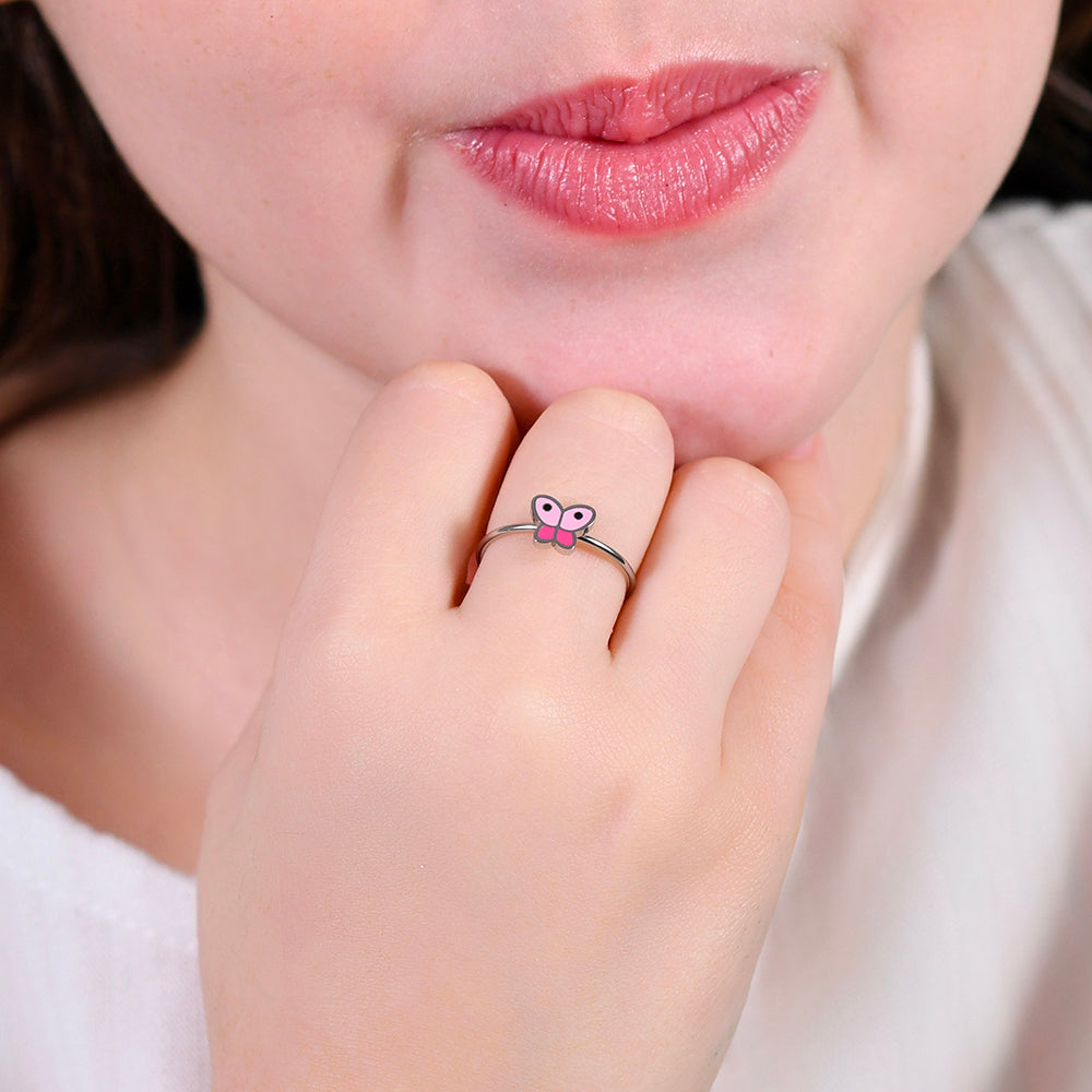 BAGUE DE FILLE EN ACIER AVEC PAPILLON