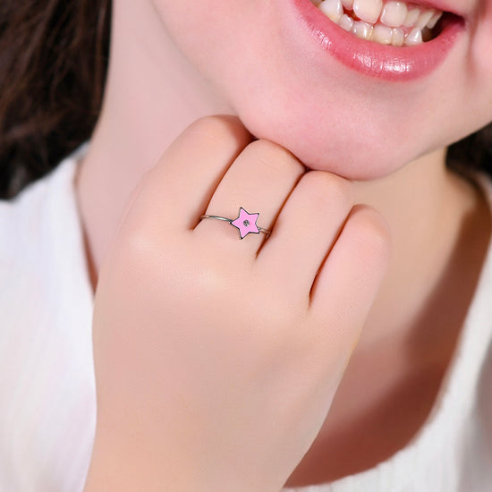 BAGUE FILLE EN ACIER ÉMAILLÉ ROSE