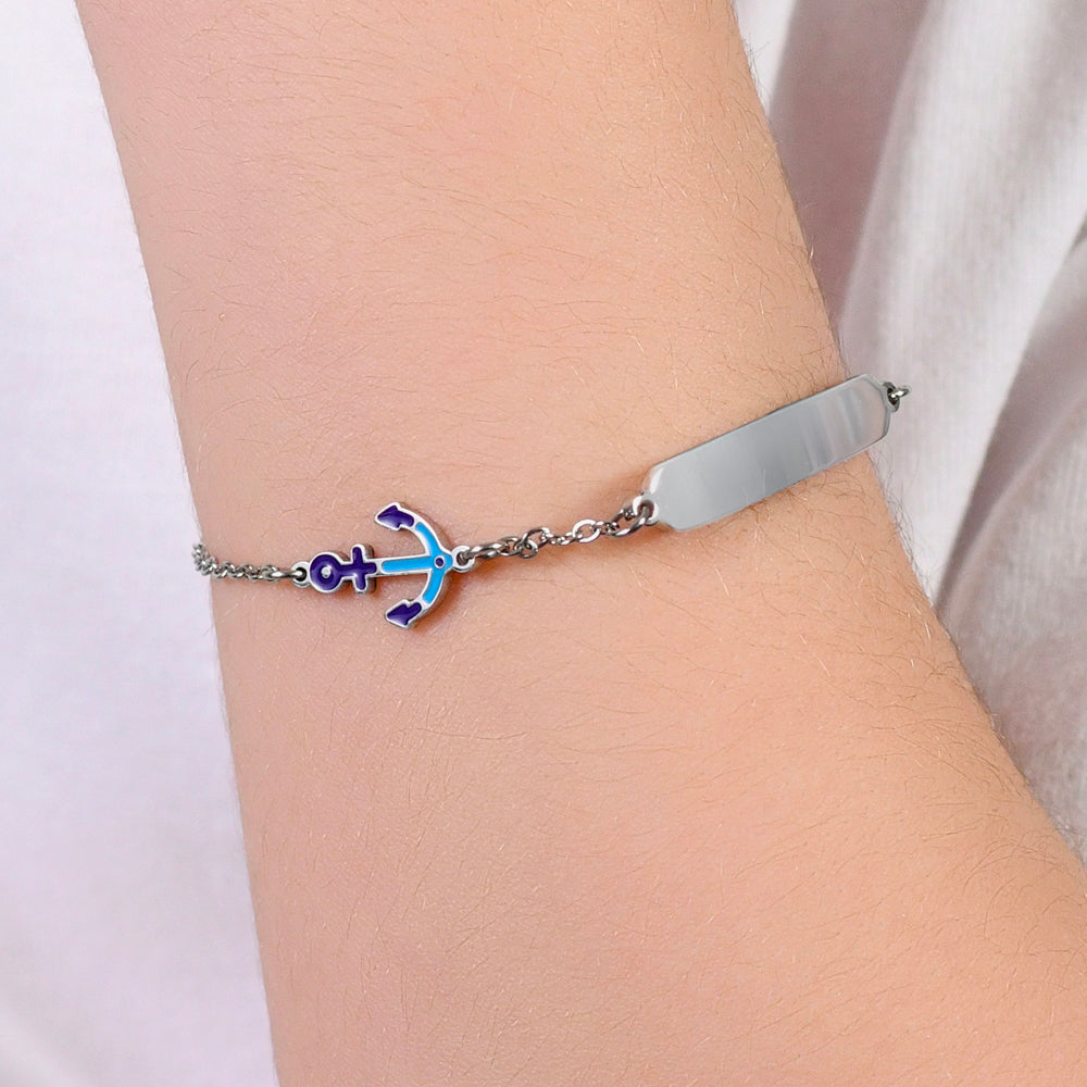 BRACELET BÉBÉ EN ACIER AVEC ANCRE BLEUE