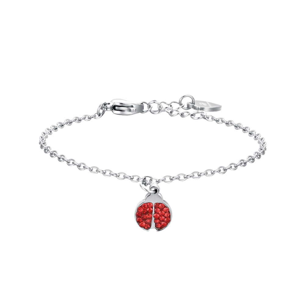 BRACELET FILLE EN ACIER AVEC COCCINELLE ET CRISTAUX ROUGES