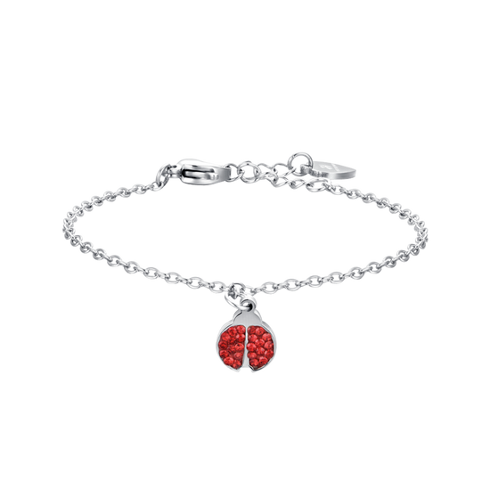 BRACELET FILLE EN ACIER AVEC COCCINELLE ET CRISTAUX ROUGES