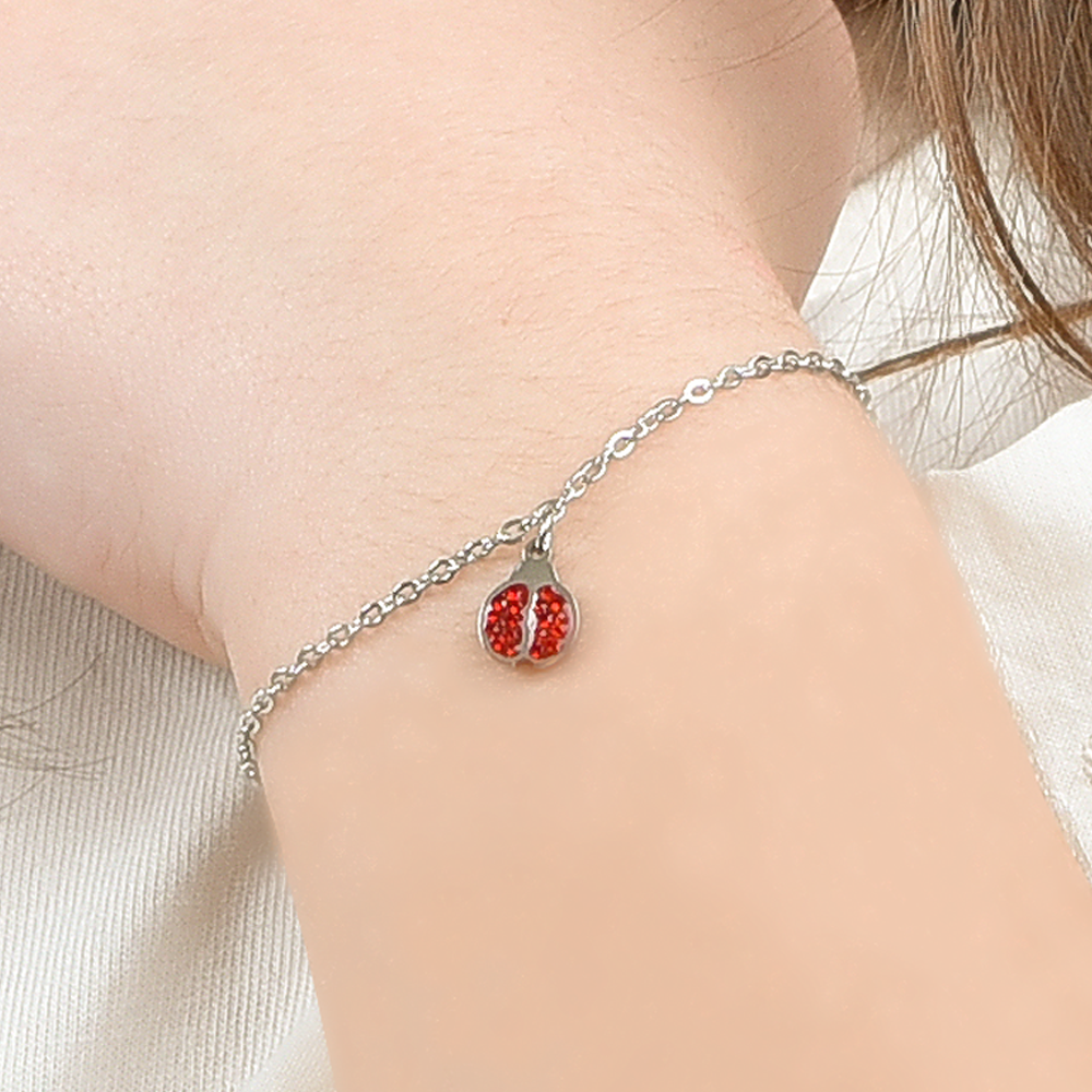 BRACELET FILLE EN ACIER AVEC COCCINELLE ET CRISTAUX ROUGES