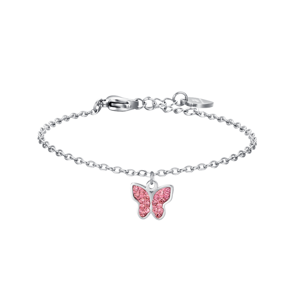 BRACELET FILLE EN ACIER AVEC PAPILLON ET CRISTAUX ROSES