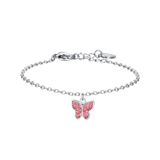 BRACELET FILLE EN ACIER AVEC PAPILLON ET CRISTAUX ROSES