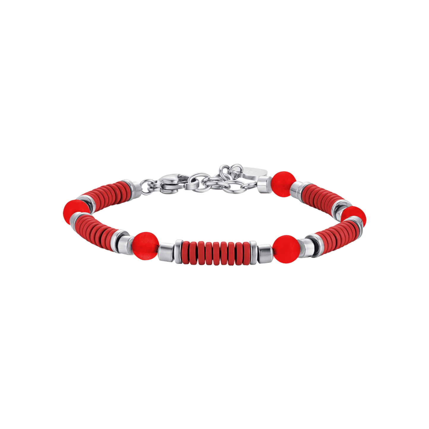 BRACELET BÉBÉ EN ACIER AVEC PIERRES ROUGES ET ÉLÉMENTS EN ÉMAIL ROUGE