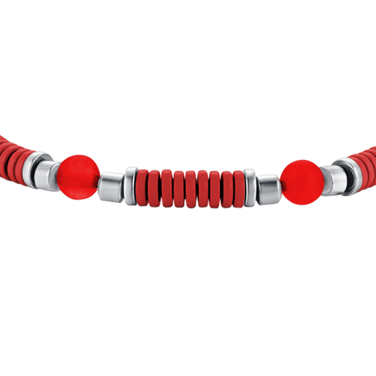 BRACELET BÉBÉ EN ACIER AVEC PIERRES ROUGES ET ÉLÉMENTS EN ÉMAIL ROUGE