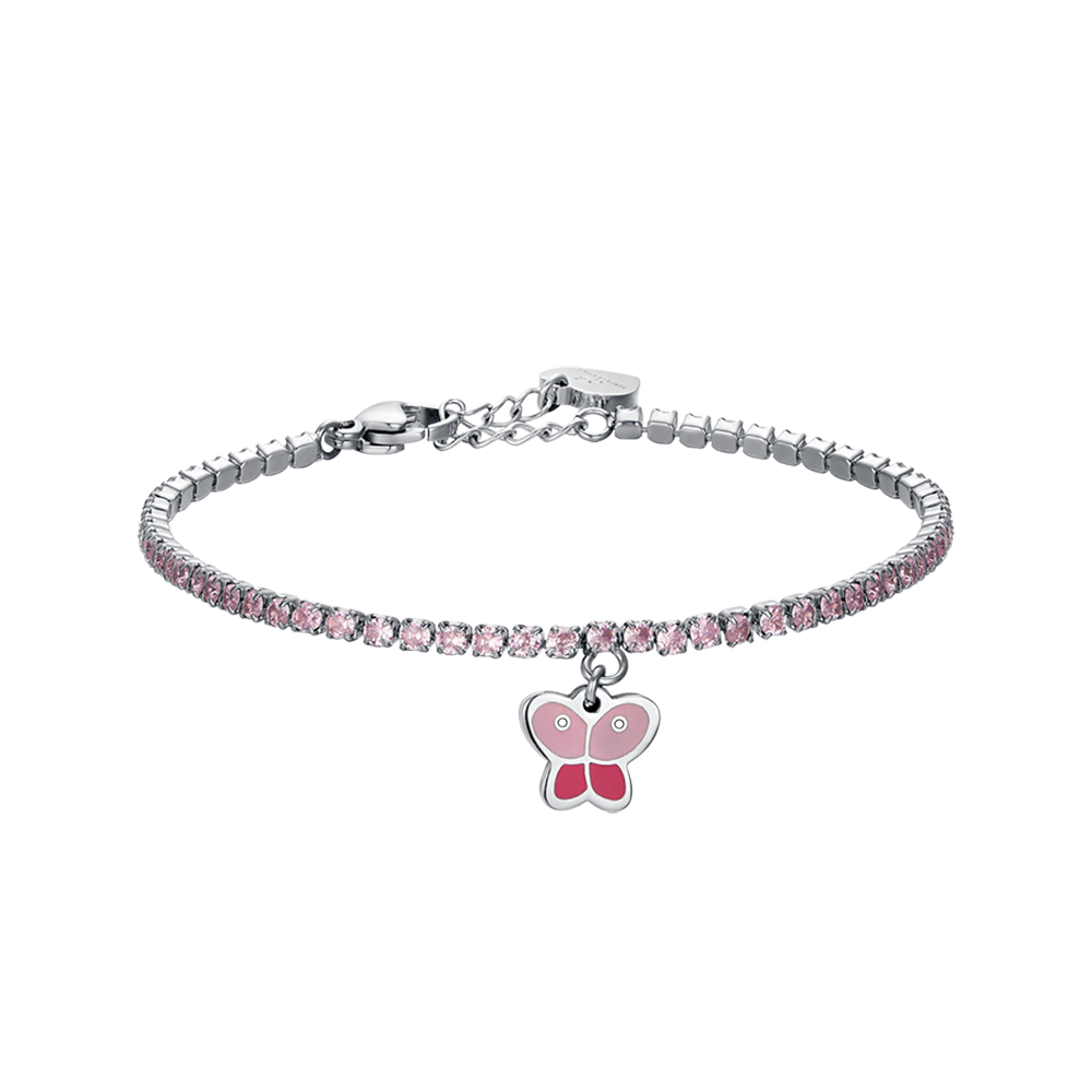 BRACELET DE TENNIS EN ACIER POUR FILLE AVEC CRISTAUX ROSES ET PAPILLON