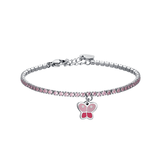 BRACELET DE TENNIS EN ACIER POUR FILLE AVEC CRISTAUX ROSES ET PAPILLON