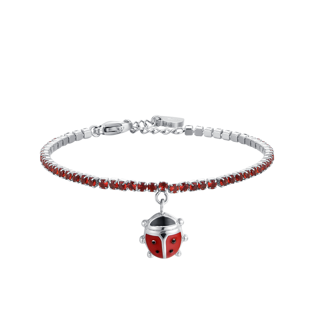 BRACELET DE TENNIS EN ACIER POUR FILLE AVEC CRISTAUX ROUGES ET COCCINELLE