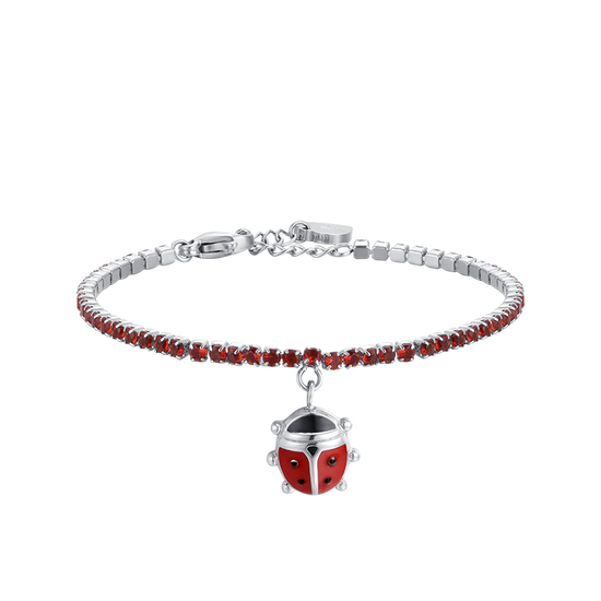 BRACELET DE TENNIS EN ACIER POUR FILLE AVEC CRISTAUX ROUGES ET COCCINELLE