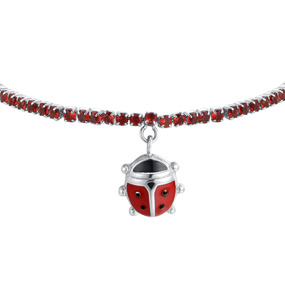 BRACELET DE TENNIS EN ACIER POUR FILLE AVEC CRISTAUX ROUGES ET COCCINELLE