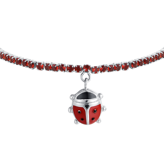 BRACELET DE TENNIS EN ACIER POUR FILLE AVEC CRISTAUX ROUGES ET COCCINELLE