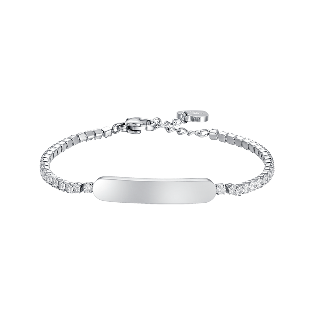 BRACELET DE TENNIS EN ACIER POUR FILLE AVEC CRISTAUX BLANCS ET PLAQUE