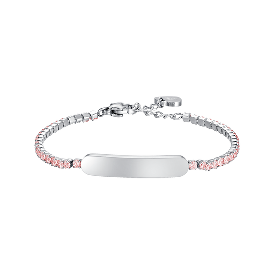 BRACELET DE TENNIS EN ACIER POUR FILLE AVEC CRISTAUX ROSES ET PLAQUE