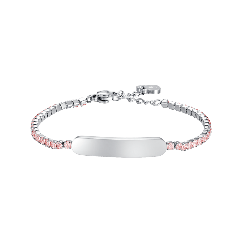 BRACELET DE TENNIS EN ACIER POUR FILLE AVEC CRISTAUX ROSES ET PLAQUE