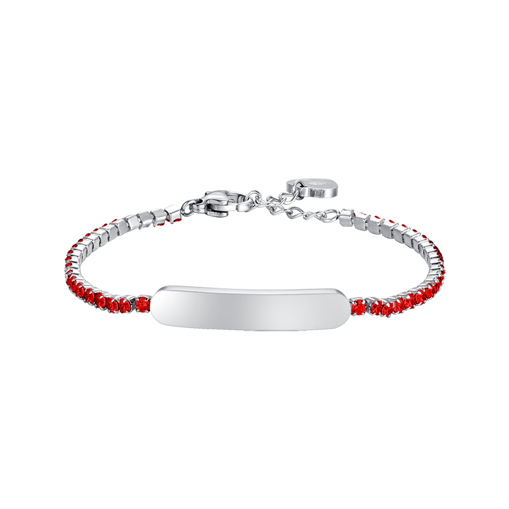 BRACELET DE TENNIS EN ACIER POUR FILLE AVEC CRISTAUX ROUGES ET PLAQUE