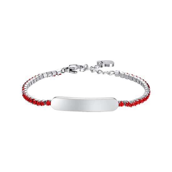 BRACELET DE TENNIS EN ACIER POUR FILLE AVEC CRISTAUX ROUGES ET PLAQUE