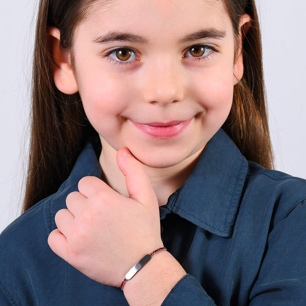 BRACELET DE TENNIS EN ACIER POUR FILLE AVEC CRISTAUX ROUGES ET PLAQUE