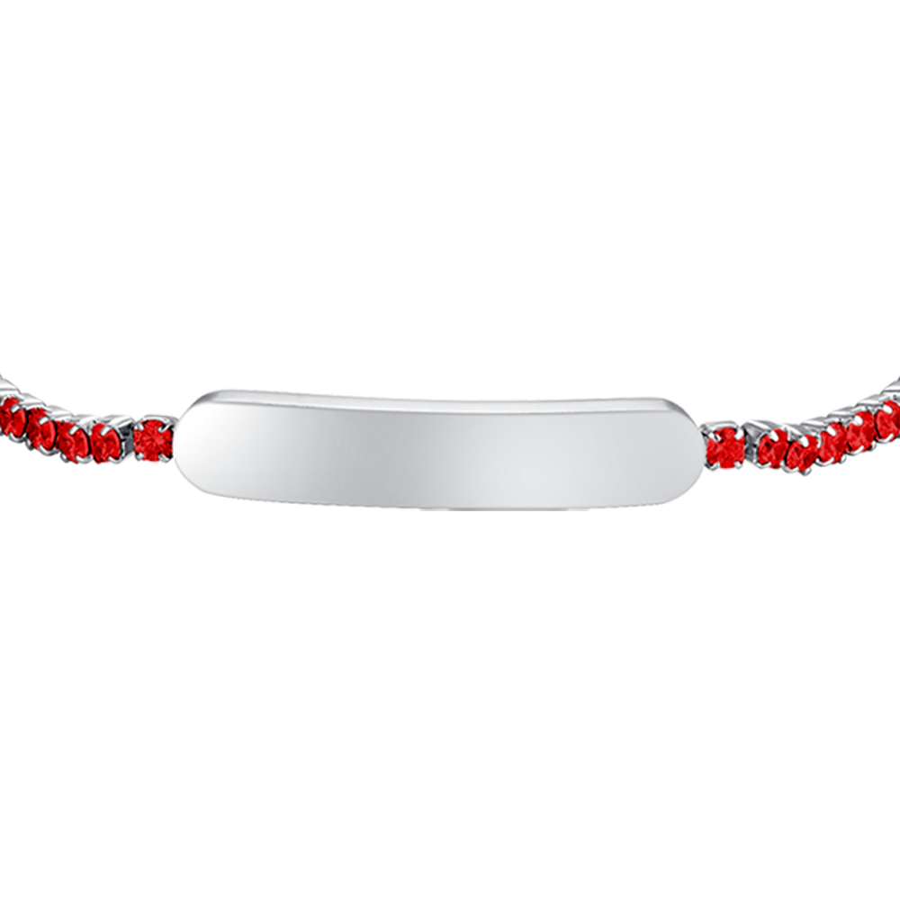 BRACELET DE TENNIS EN ACIER POUR FILLE AVEC CRISTAUX ROUGES ET PLAQUE