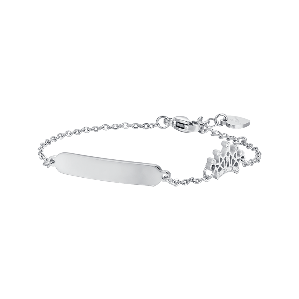 BRACELET FILLE EN ACIER AVEC PLAQUE ET COURONNE AVEC CRISTAUX BLANCS