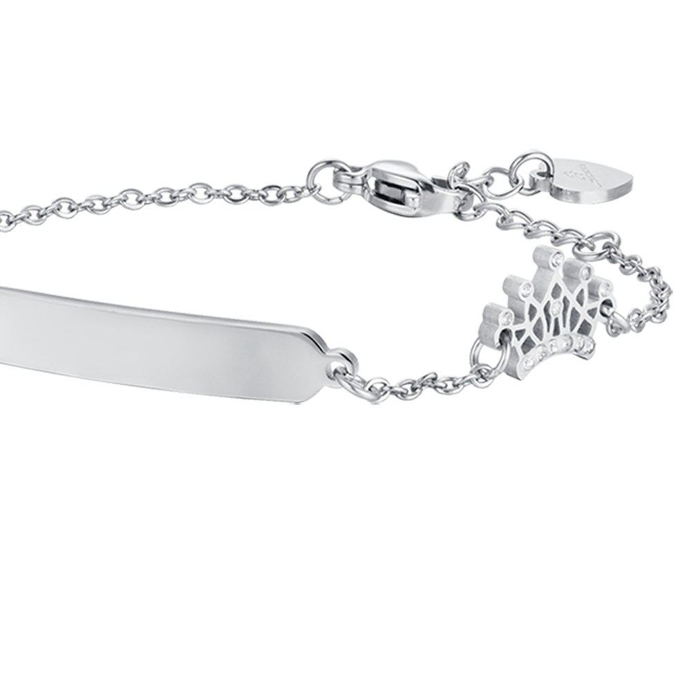 BRACELET FILLE EN ACIER AVEC PLAQUE ET COURONNE AVEC CRISTAUX BLANCS