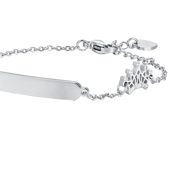 BRACELET FILLE EN ACIER AVEC PLAQUE ET COURONNE AVEC CRISTAUX BLANCS