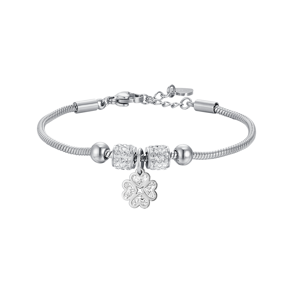 BRACELET FILLE EN ACIER AVEC TRÈFLE À QUATRE FEUILLES AVEC CRISTAUX BLANCS