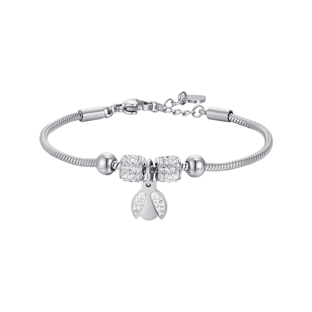 BRACELET FILLE EN ACIER AVEC COCCINELLE ET CRISTAUX BLANCS