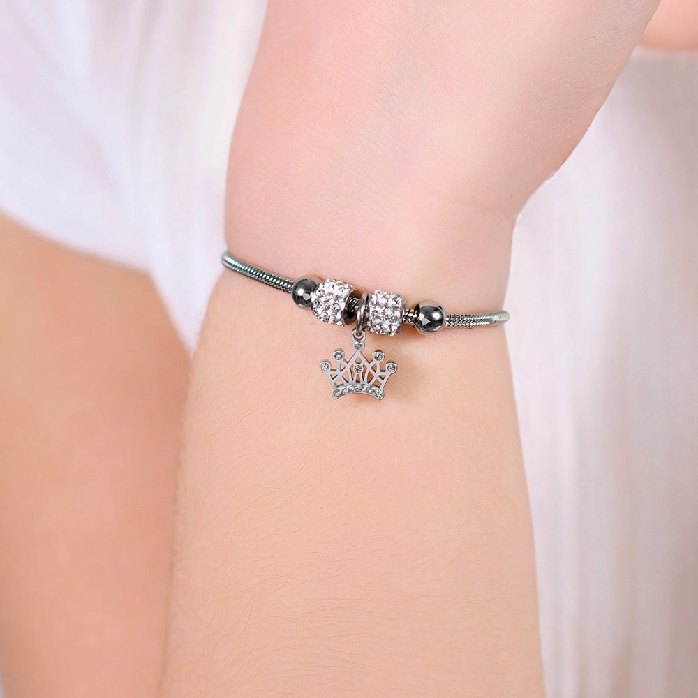 BRACELET FILLE EN ACIER AVEC COURONNE ET CRISTAUX BLANCS