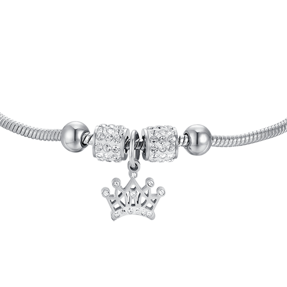 BRACELET FILLE EN ACIER AVEC COURONNE ET CRISTAUX BLANCS