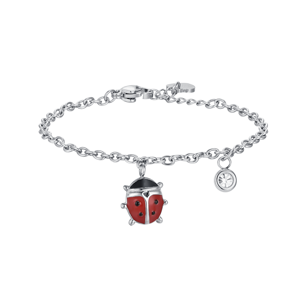 BRACELET FILLE EN ACIER AVEC COCCINELLE EN ÉMAIL ROUGE ET NOIR ET CRISTAL