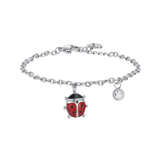 BRACELET FILLE EN ACIER AVEC COCCINELLE EN ÉMAIL ROUGE ET NOIR ET CRISTAL