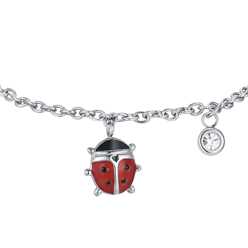 BRACELET FILLE EN ACIER AVEC COCCINELLE EN ÉMAIL ROUGE ET NOIR ET CRISTAL