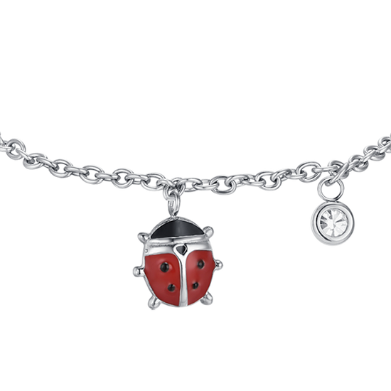 BRACELET FILLE EN ACIER AVEC COCCINELLE EN ÉMAIL ROUGE ET NOIR ET CRISTAL