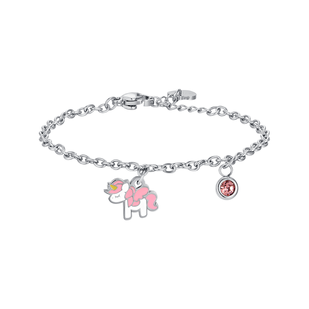 BRACELET LICORNE EN ACIER AVEC ÉMAIL ROSE ET BLANC ET CRISTAL