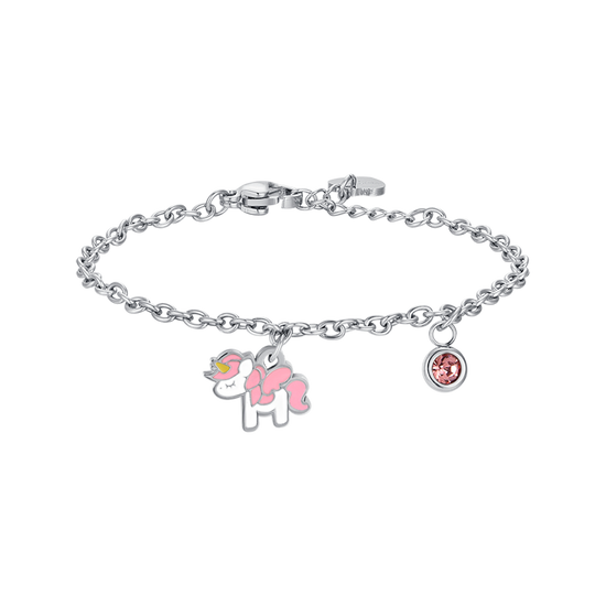 BRACELET LICORNE EN ACIER AVEC ÉMAIL ROSE ET BLANC ET CRISTAL