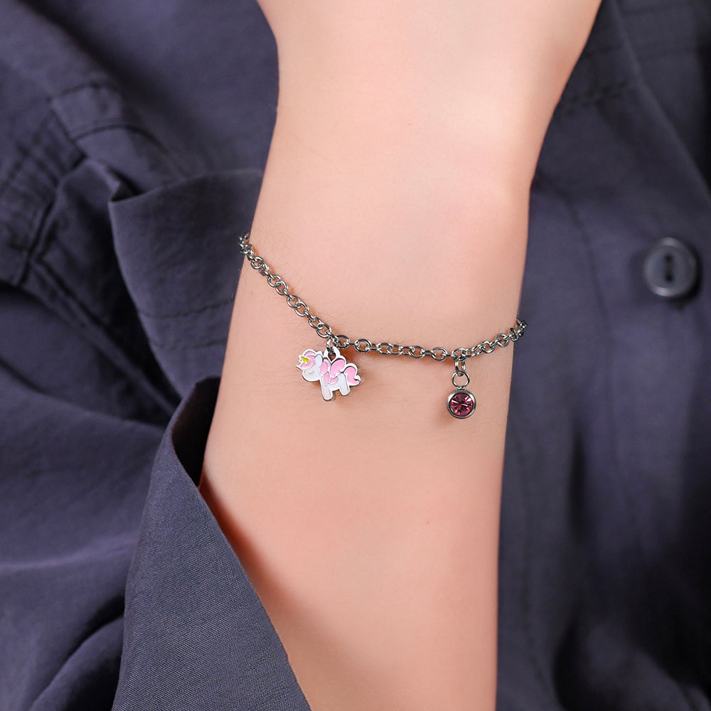 BRACELET LICORNE EN ACIER AVEC ÉMAIL ROSE ET BLANC ET CRISTAL