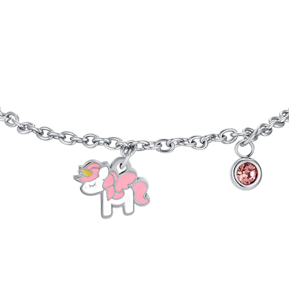 BRACELET LICORNE EN ACIER AVEC ÉMAIL ROSE ET BLANC ET CRISTAL