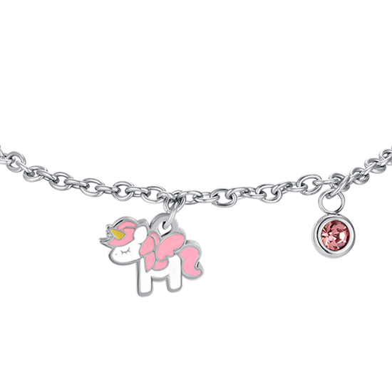 BRACELET LICORNE EN ACIER AVEC ÉMAIL ROSE ET BLANC ET CRISTAL