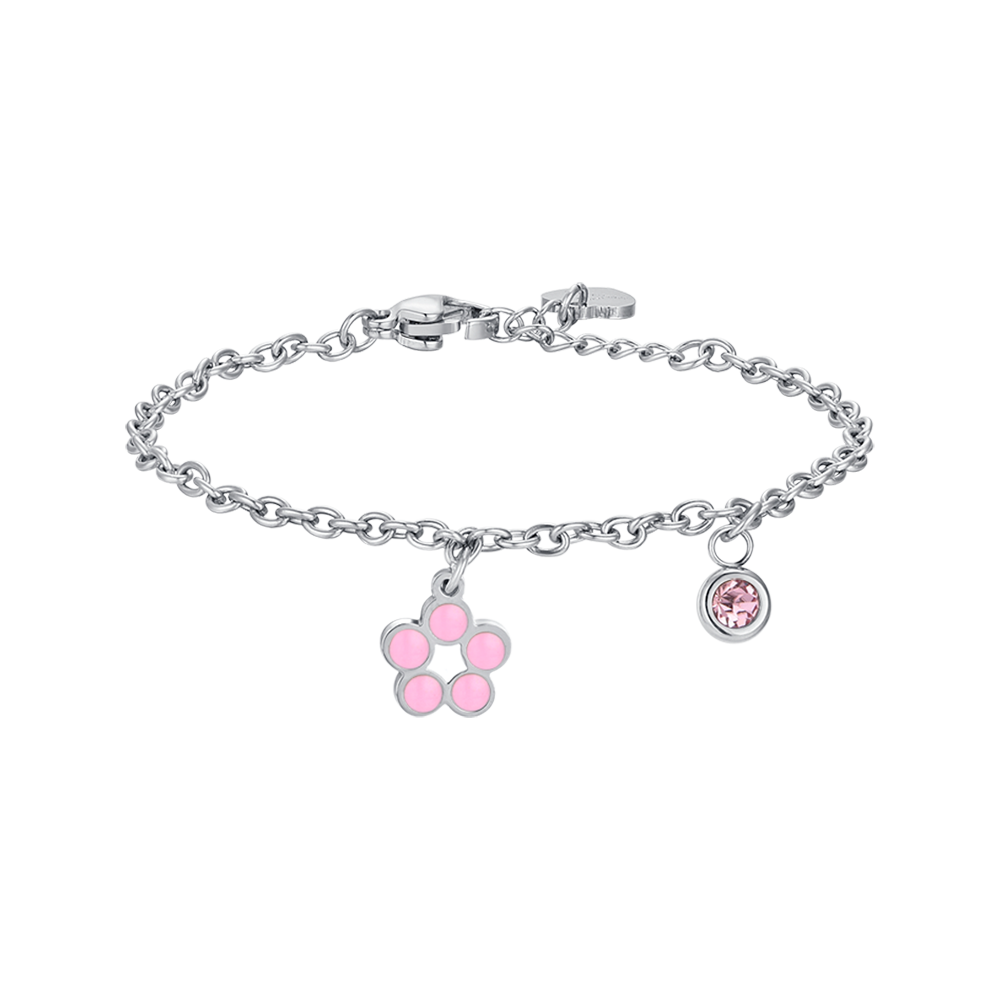 BRACELET FLEUR EN ACIER AVEC ÉMAIL ROSE ET BLANC ET CRISTAL