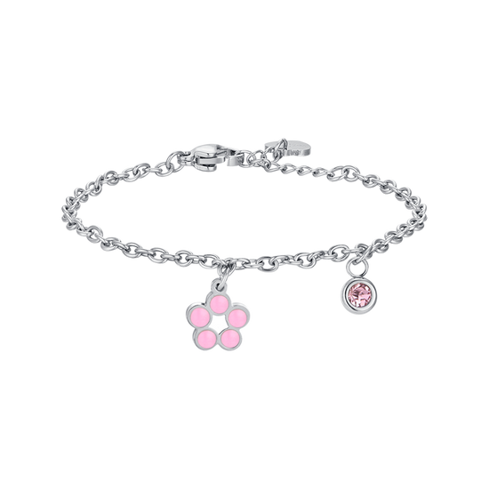 BRACELET FLEUR EN ACIER AVEC ÉMAIL ROSE ET BLANC ET CRISTAL