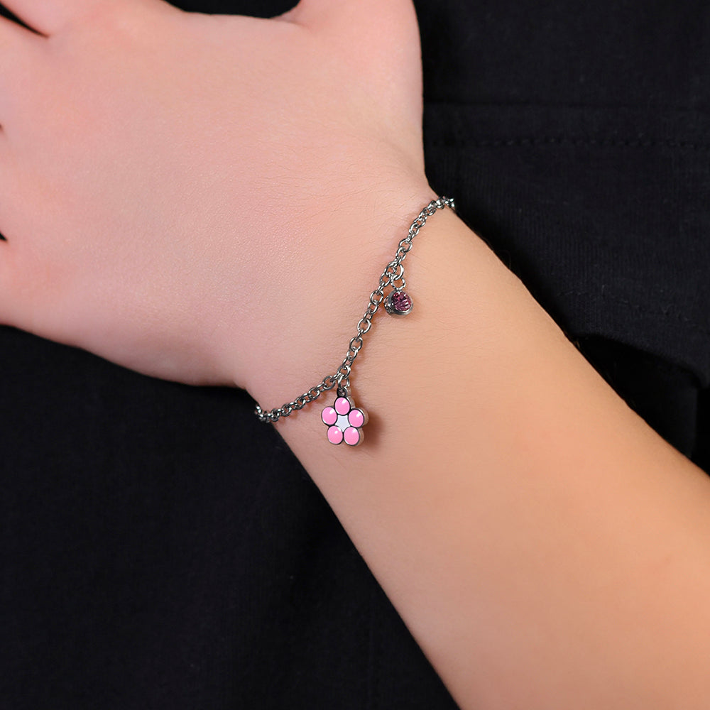 BRACELET FLEUR EN ACIER AVEC ÉMAIL ROSE ET BLANC ET CRISTAL